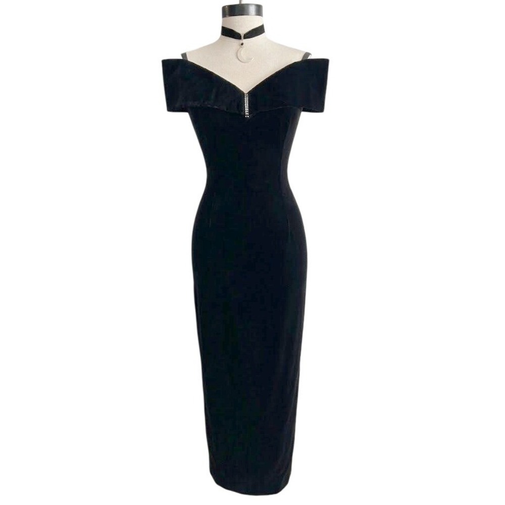 90's Vintage Black Velvet Off Shoulder Gown Rhinestone Open Back Dress xsmall